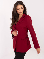 Burgundy women's blazer with button closure.