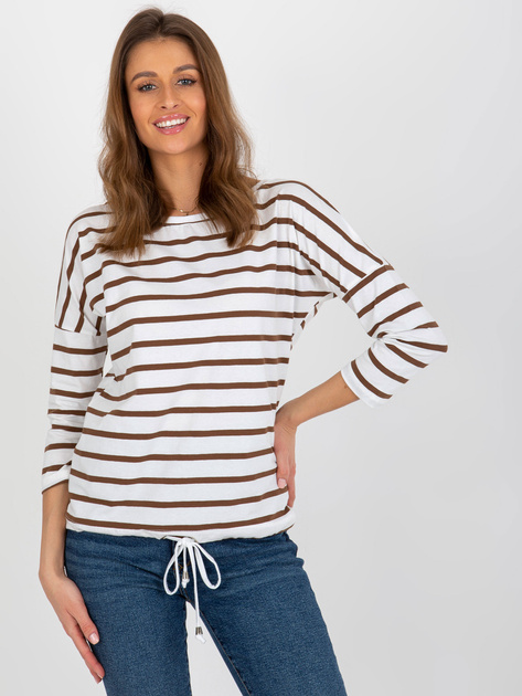 Hurt Ecru-brązowa bluzka w paski z rękawem 3/4 BASIC FEEL GOOD