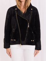 Black alpaca jacket with decorative snaps.