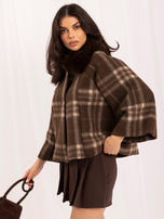 Brown checkered coat with loose 3/4 sleeves.