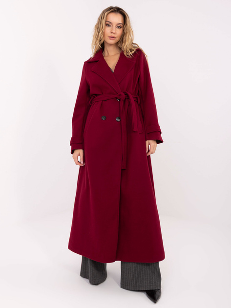 Bordowy długi płaszcz z paskami na rękawach 