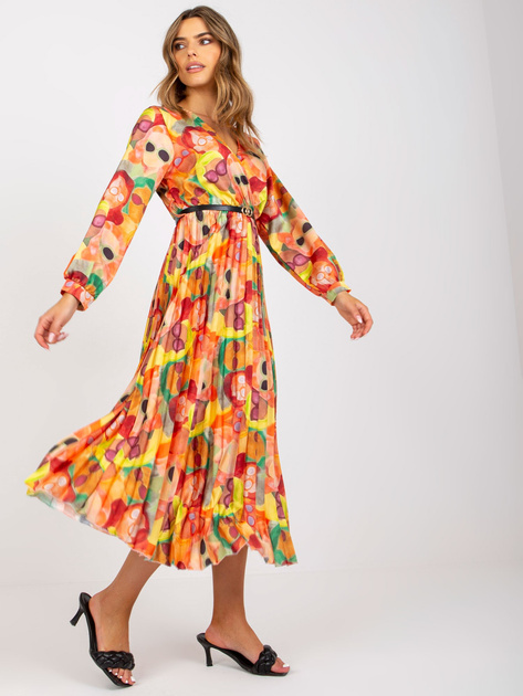 Pomarańczowa plisowana sukienka w kolorowe wzory