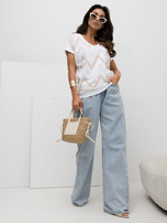 Beżowa wzorzysta bluzka z krótkim rękawem