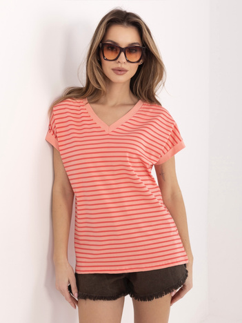 Brzoskwiniowo-czerwony bawełniany t-shirt w paski