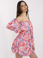 Red-blue off-the-shoulder dress with puff sleeves.
