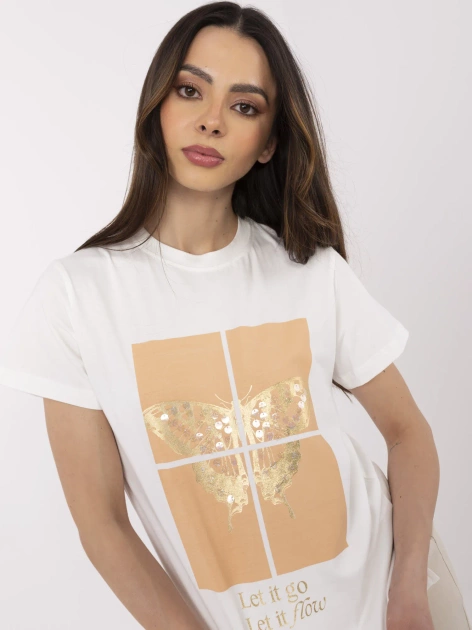 Ecru t-shirt damski z cekinowym motylem