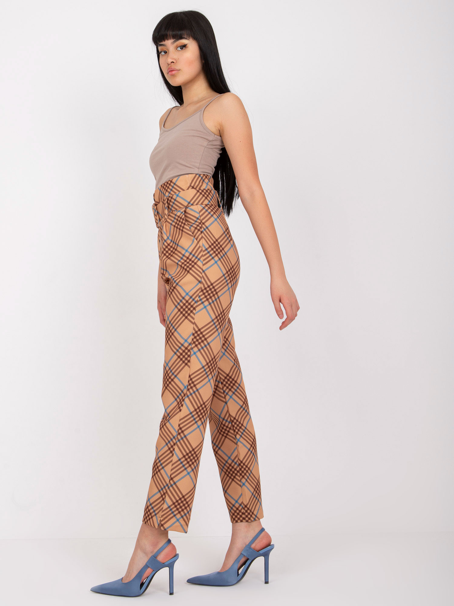 Beige and blue plaid fabric pants with belt 
