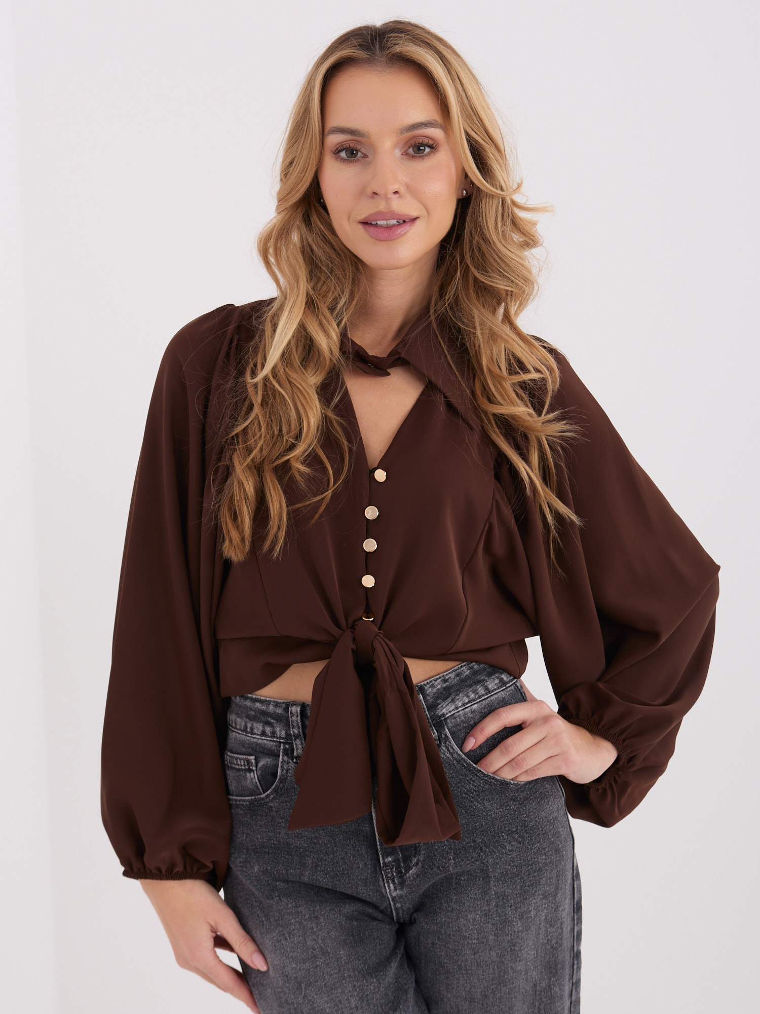 Brązowa krótka koszula z bufiastym rękawem 