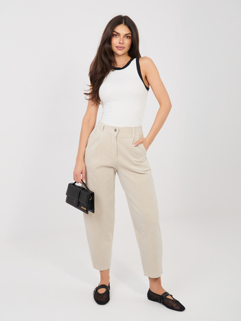 Jasnobeżowe sztruksowe spodnie z kieszeniami RUE PARIS 