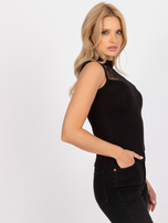 Black sleeveless blouse with stand-up collar