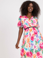 Jasnobeżowa sukienka z kwiatowym printem i paskiem