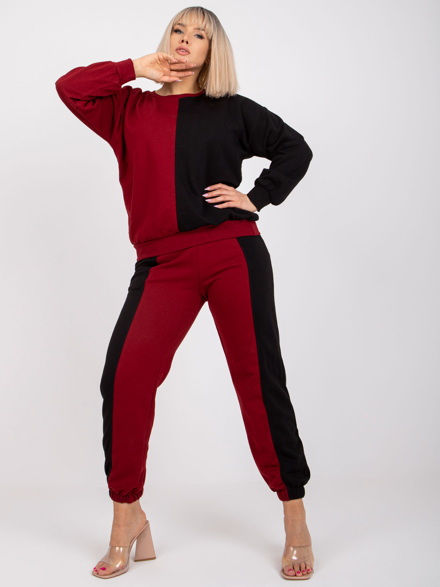 Bordowo-czarny komplet dresowy plus size z bawełny Amishi 