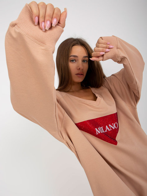 Hurt Beżowa długa bluza oversize z aplikacją z dżetów