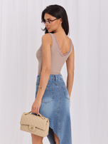 Ciemnobeżowy prążkowany top basic z bawełny RUE PARIS 