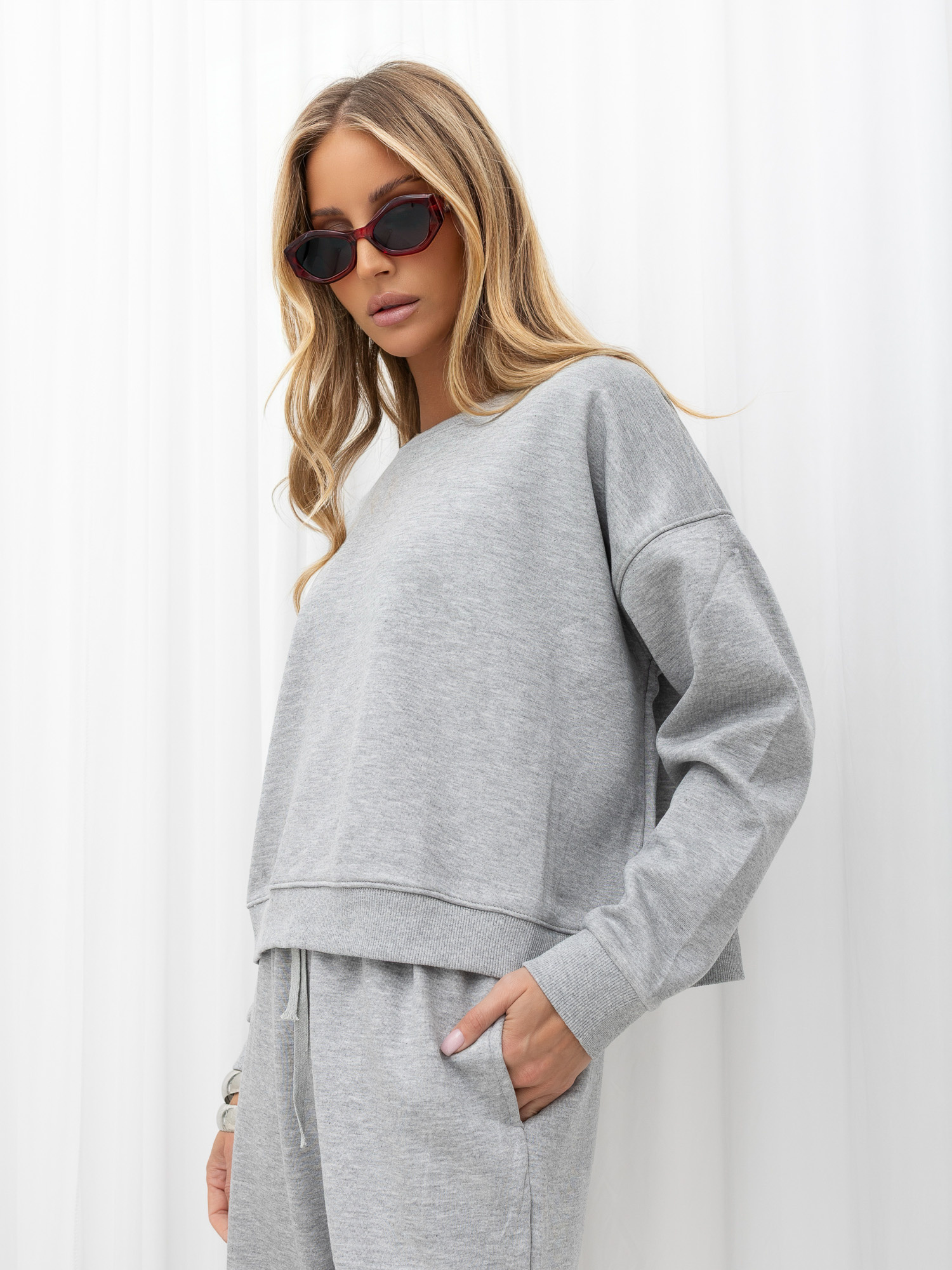 Szary ocieplany komplet basic ze spodniami wide leg