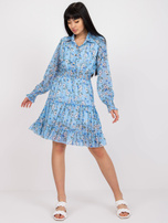 Niebieska mini sukienka z printami w kwiaty i kołnierzykiem