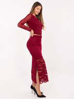 Bordowa koronkowa spódnica z marszczeniem  