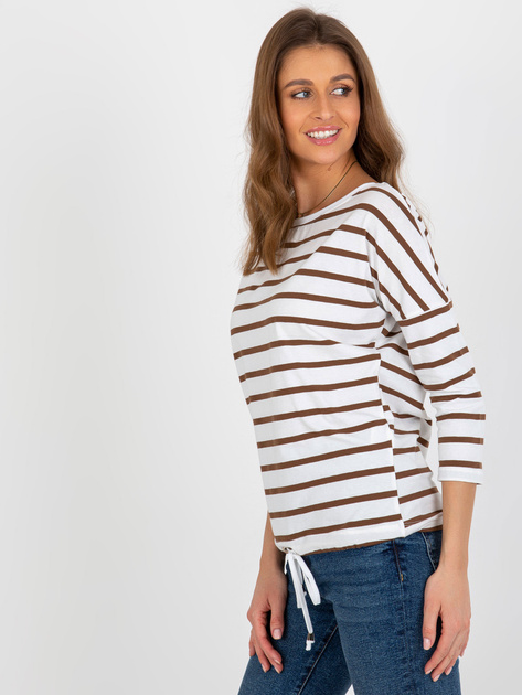 Hurt Ecru-brązowa bluzka w paski z rękawem 3/4 BASIC FEEL GOOD