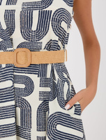 Navy blue flared sleeveless dress.