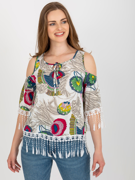 Hurt Biała bluzka z nadrukiem i ozdobnym wykończeniem