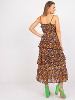 Dunkelblares Maxikleid mit Blumen und Trägern.