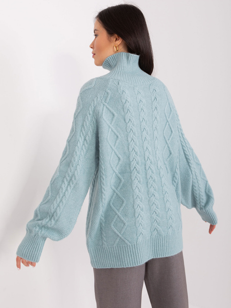 Hurt Miętowy sweter z warkoczami i ściągaczami