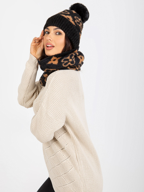 Hurt Czarno-camelowa damska czapka zimowa z pomponem