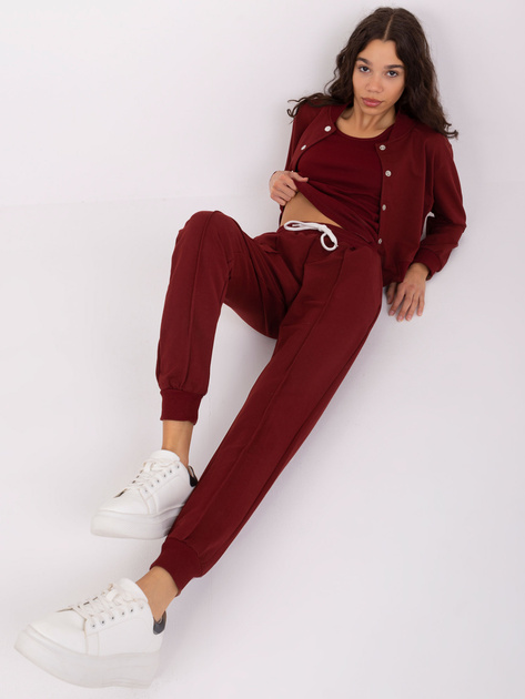 Hurt Bordowy damski komplet dresowy z bluzą bomberką