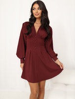 Burgundy mini dress with pleated sleeves.