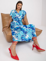 Biało-niebieska sukienka maxi z printami i kopertowym dekoltem