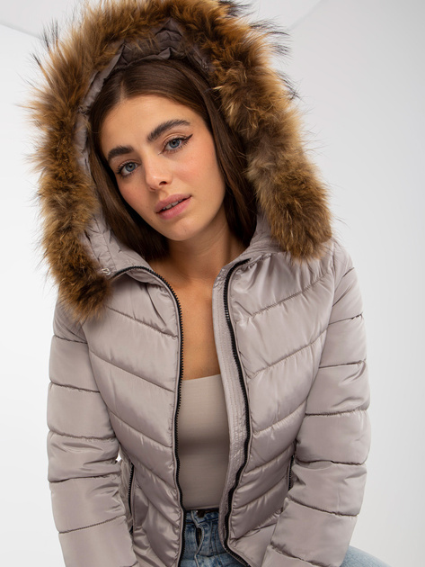 Hurtownia Ciemnobeżowa pikowana kurtka przejściowa z kapturem