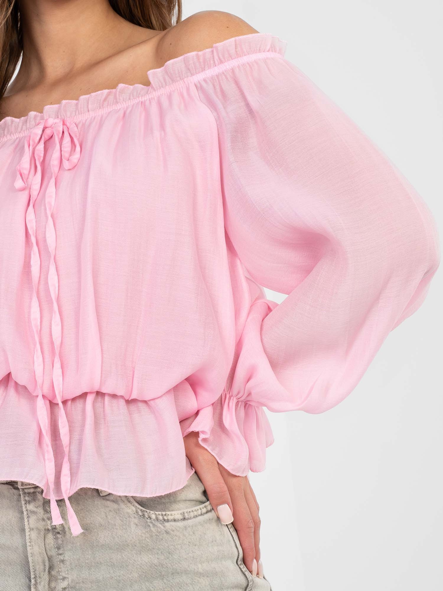 Helles rosa Off-Shoulder-Bluse mit Bindung RUE PARIS.