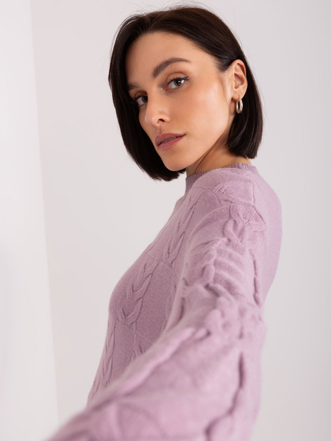 Hurt Fioletowy sweter damski z warkoczami i długim rękawem