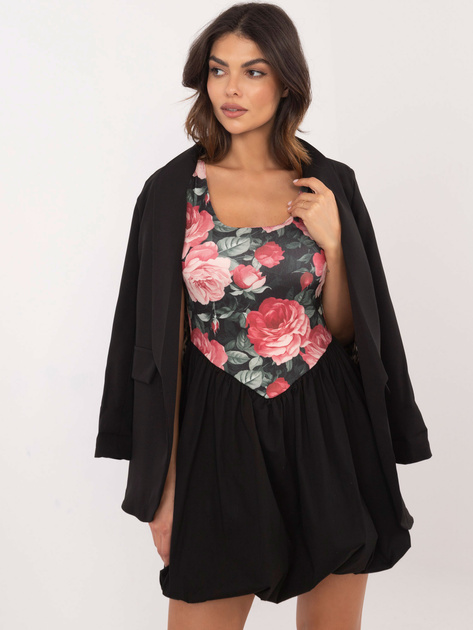 Hurt Różowo-czarna sukienka mini z kwiatowy print