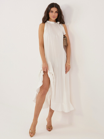 Ecru koktajlowa sukienka z wiązaniem na ramieniu RUE PARIS