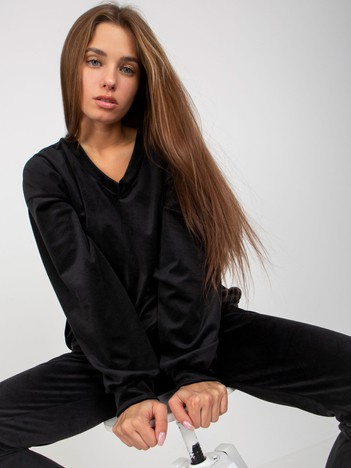 Hurt Czarna gładka bluzka welurowa z dekoltem V RUE PARIS