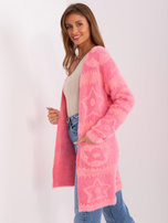 Hurtownia Różowy długi kardigan z kieszeniami  