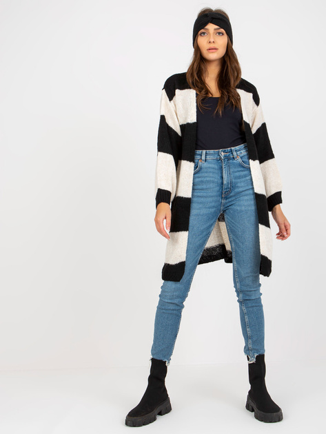 Hurtownia Ecru-czarny luźny kardigan w paski OCH BELLA