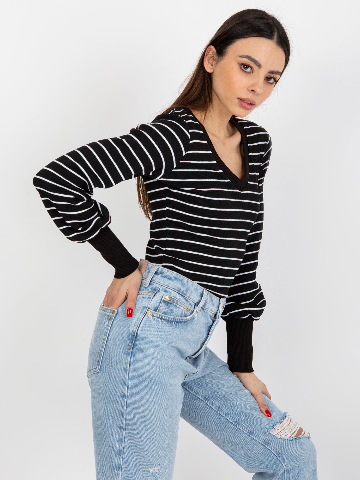 Czarno-biała dopasowana bluzka w prążek BASIC FEEL GOOD