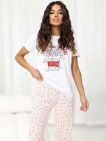 Ecru-jasnoróżowa bawełniana piżama z kapciami 