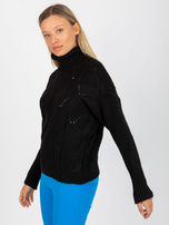 Schwarzer, durchbrochener Oversize-Pullover mit Rollkragen RUE PARIS.
