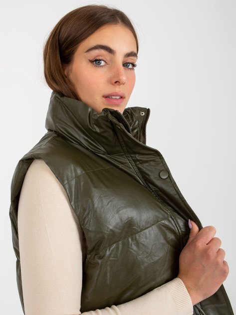 Hurt Khaki puchowa kamizelka z eko skóry z kieszeniami