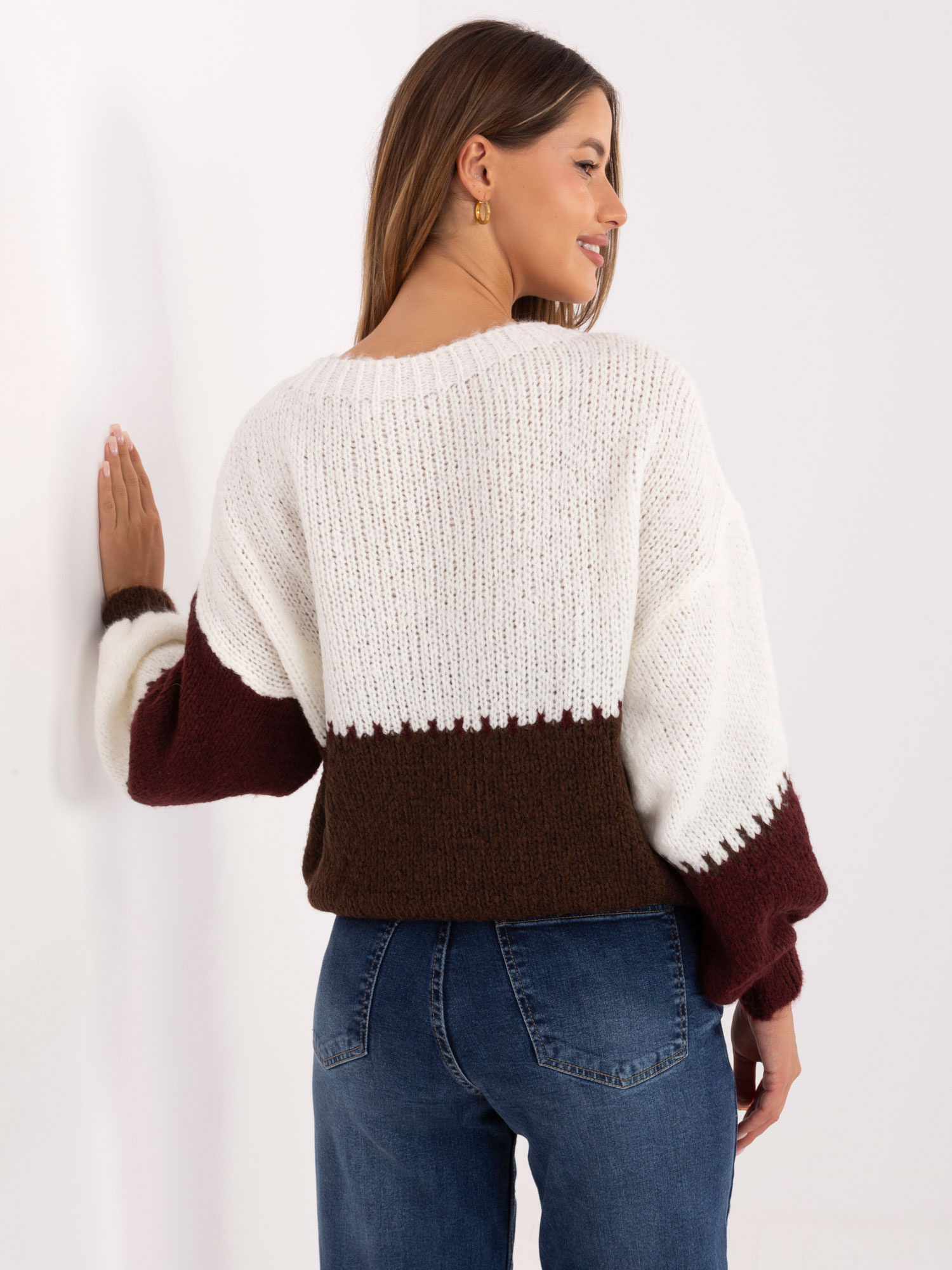 Ecru-burgundy oversized sweater with wool RUE PARIS.