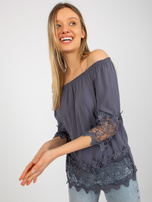 Hurt Grafitowa bluzka hiszpanka z ażurowym wykończeniem