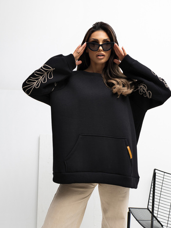 Czarna damska bluza kangurka z haftem RUE PARIS