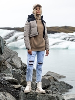 Hurt Czarno-beżowa krótka kurtka zimowa z kapturem