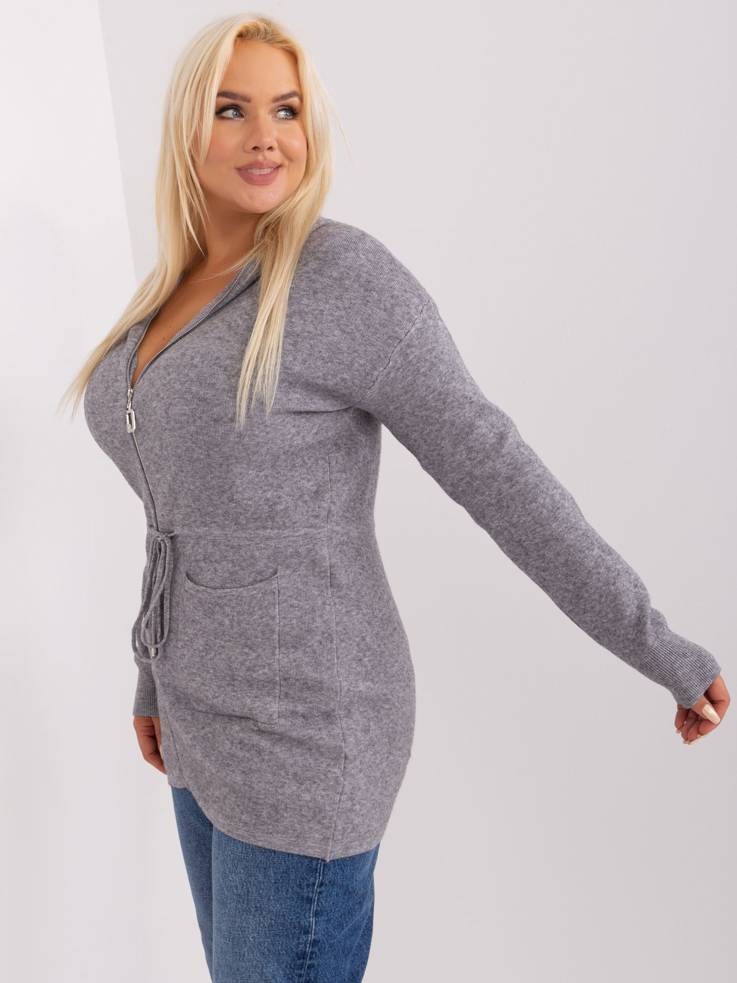 Hurt Szary długi sweter plus size z suwakiem  