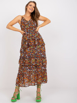 Dunkelblares Maxikleid mit Blumen und Trägern.