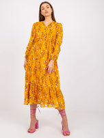 Ciemnożółta sukienka midi z printami i falbaną RUE PARIS