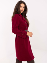 Bordowy płaszcz z czarnym paskiem RUE PARIS 